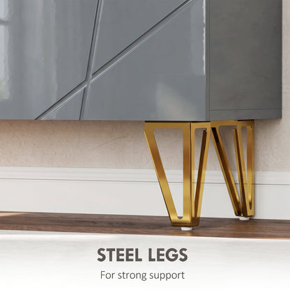 The shoe storage cabinet focusing on the sturdy gold coloured steel legs at the base