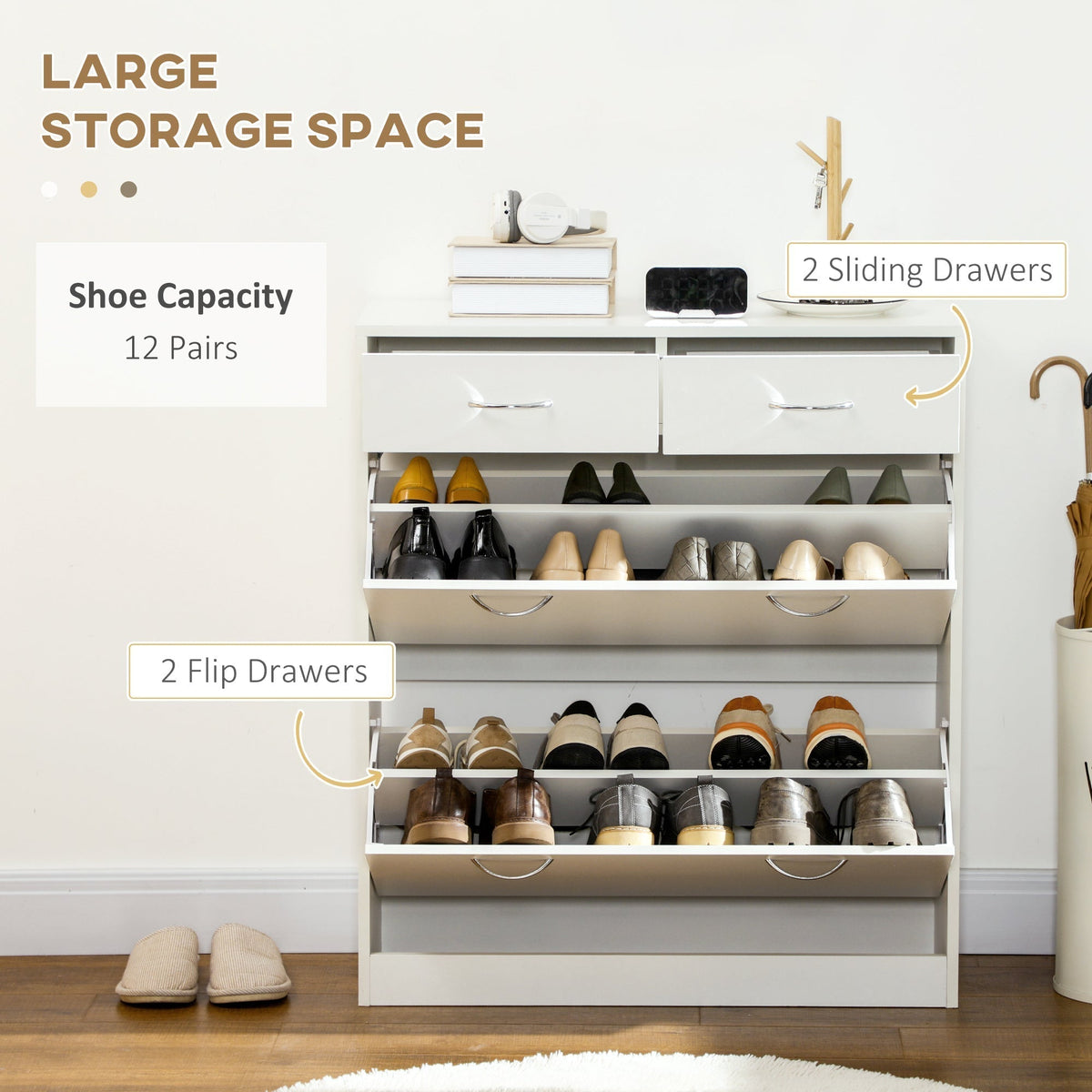 The shoe cabinet filled with various pairs of footwear to demonstrate storage capacity