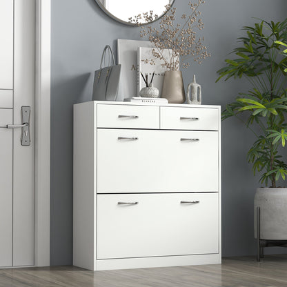 The white shoe cabinet placed in a modern hallway with home decor items on top