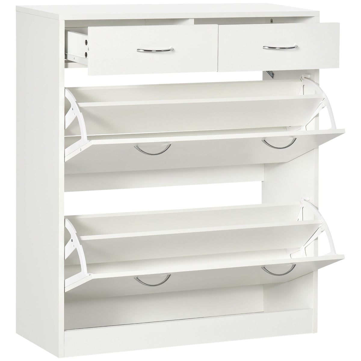 HOMCOM Narrow Shoe Storage with two top drawers and two open flip compartments in white