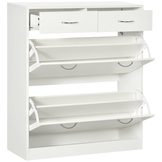 HOMCOM Narrow Shoe Storage with two top drawers and two open flip compartments in white