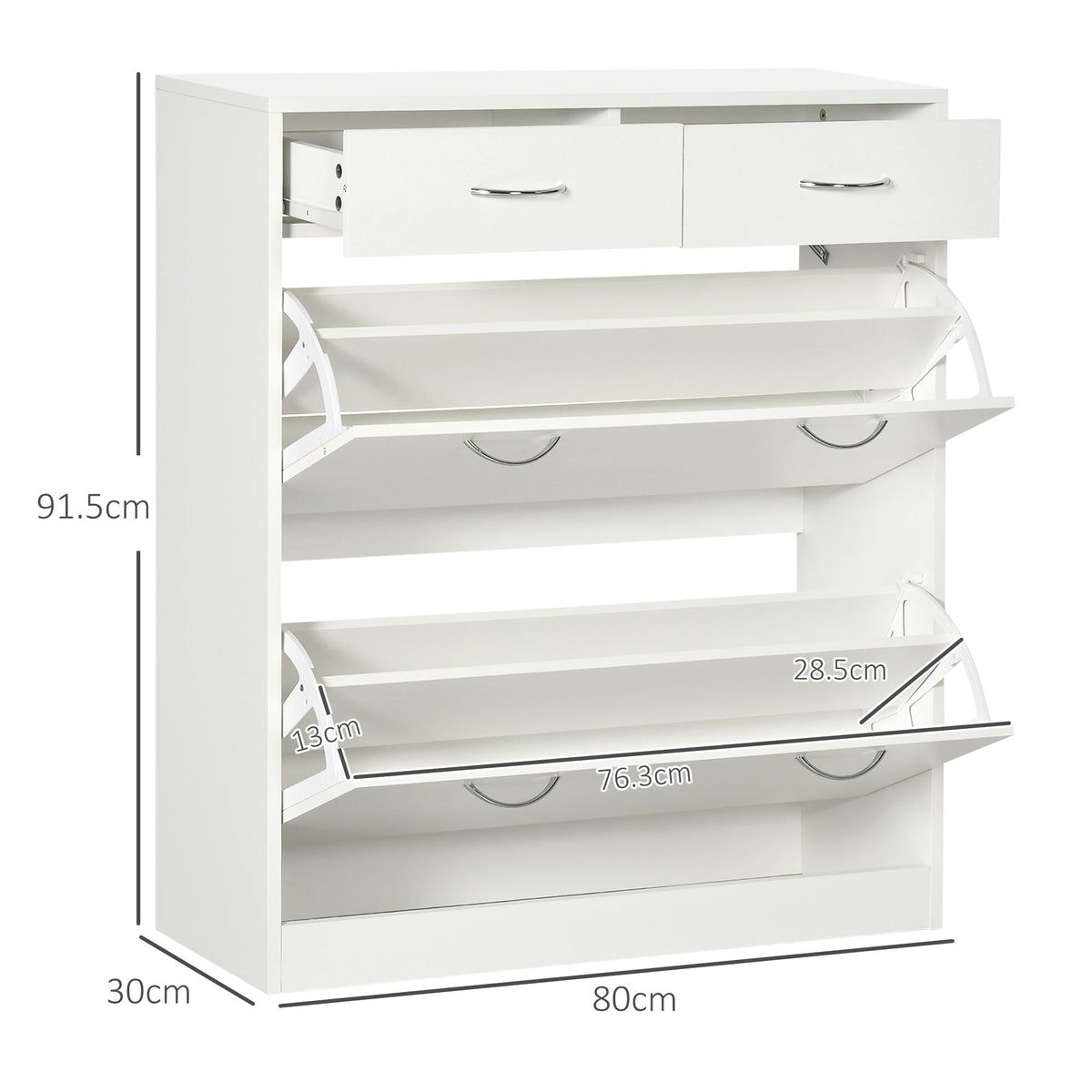 The shoe storage unit showing height width and depth dimensions with open drawers