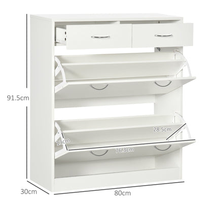 The shoe storage unit showing height width and depth dimensions with open drawers