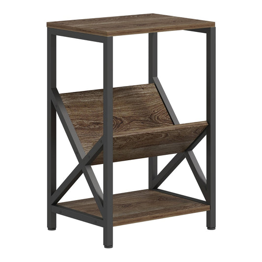 HOMCOM Narrow Side Table with a dark metal frame and wooden shelves on a plain white background