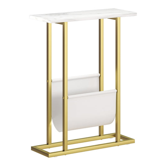 HOMCOM Narrow Side Table with a white marble effect top and a white fabric magazine holder