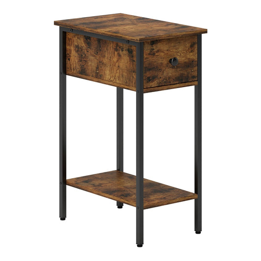 HOMCOM Narrow Side Table with Drawer and Storage Shelf, a rustic brown wooden top and shelf with black metal legs