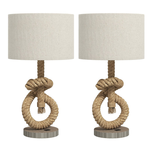 HOMCOM Nautical Table Lamps Set of 2 with USB charging port and hemp rope detail