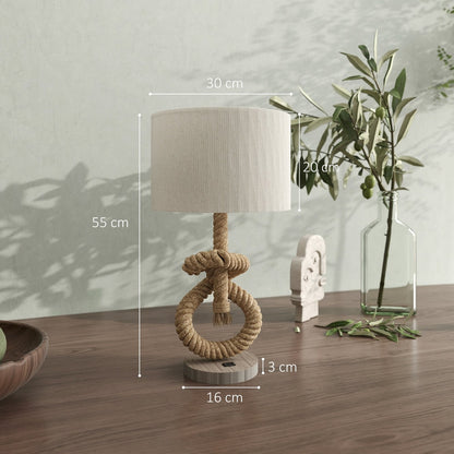 Nautical table lamp with dimensions shown in a room setting