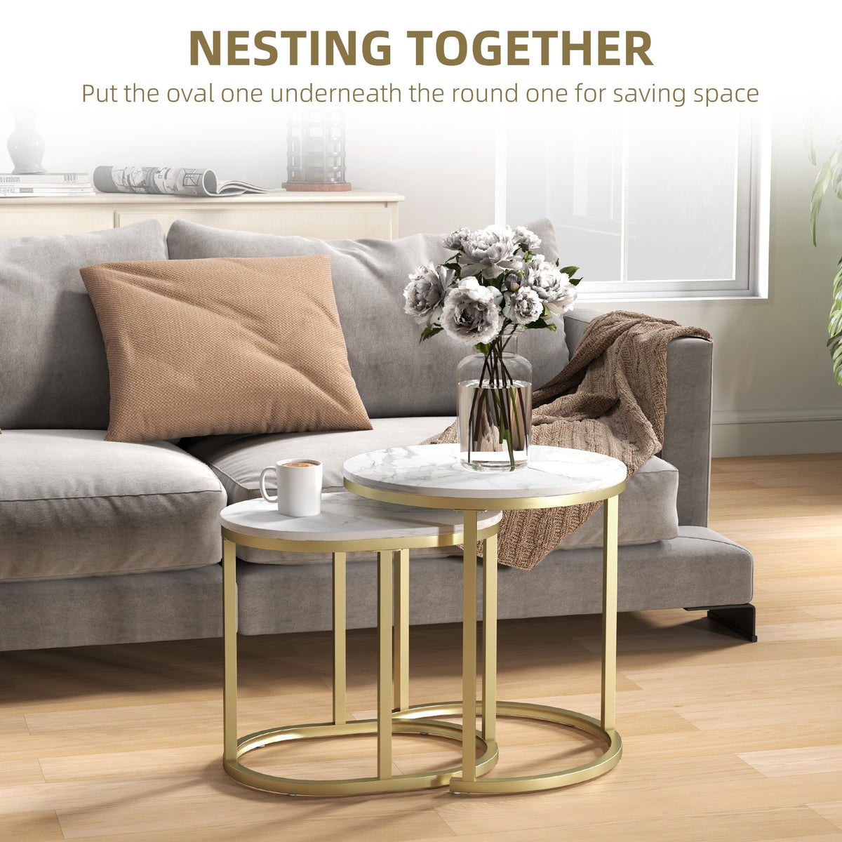 Nesting coffee tables shown stacked together for space saving