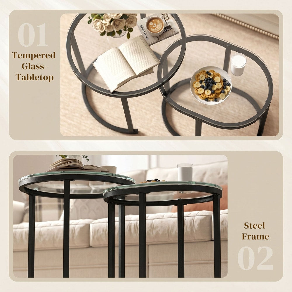 Close up of the glass tabletops and steel frames of the nesting coffee tables