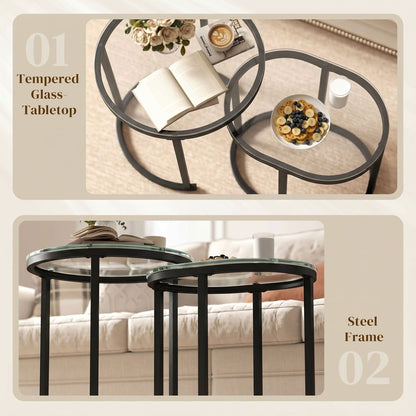 Close up of the glass tabletops and steel frames of the nesting coffee tables