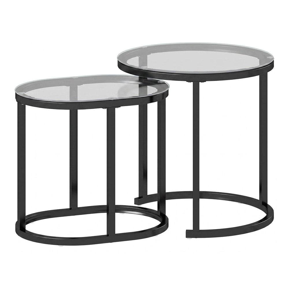 HOMCOM Nest of Tables set of two modern coffee tables with black steel frames and round glass tops