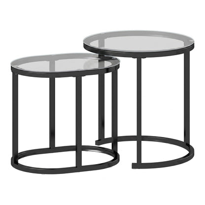 HOMCOM Nest of Tables set of two modern coffee tables with black steel frames and round glass tops