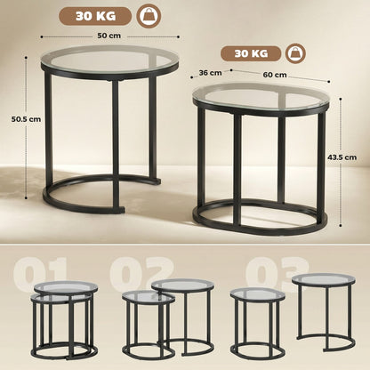 Size diagram showing the dimensions of the two nesting coffee tables and their weight capacity