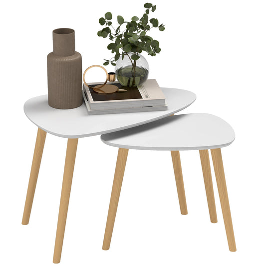 HOMCOM Nesting Coffee Table set with light grey tops and wooden legs styled with books and a vase