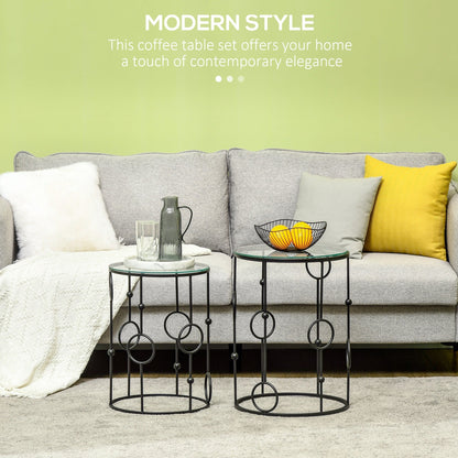 The round coffee tables styled in a living room with a vase and fruit bowl on top