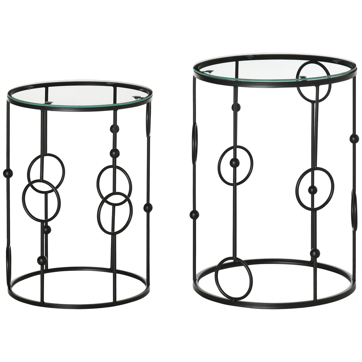 HOMCOM Nesting Round Coffee Table Set of 2 with black metal frames and clear glass tops