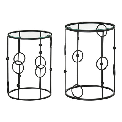 HOMCOM Nesting Round Coffee Table Set of 2 with black metal frames and clear glass tops