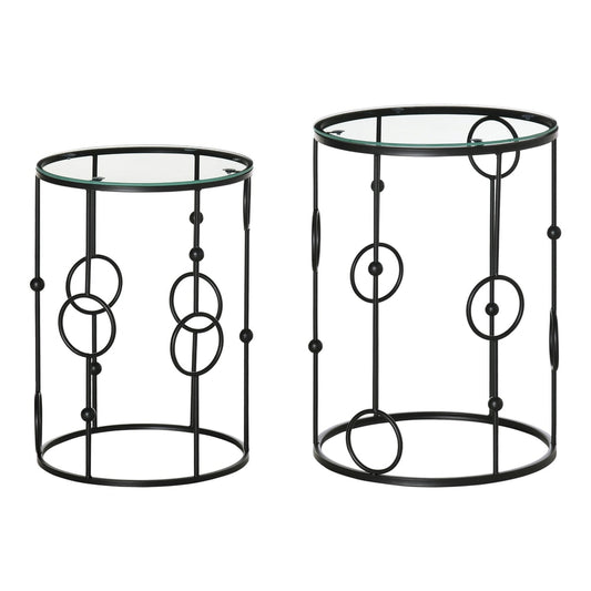 HOMCOM Nesting Round Coffee Table Set of 2 with black metal frames and clear glass tops