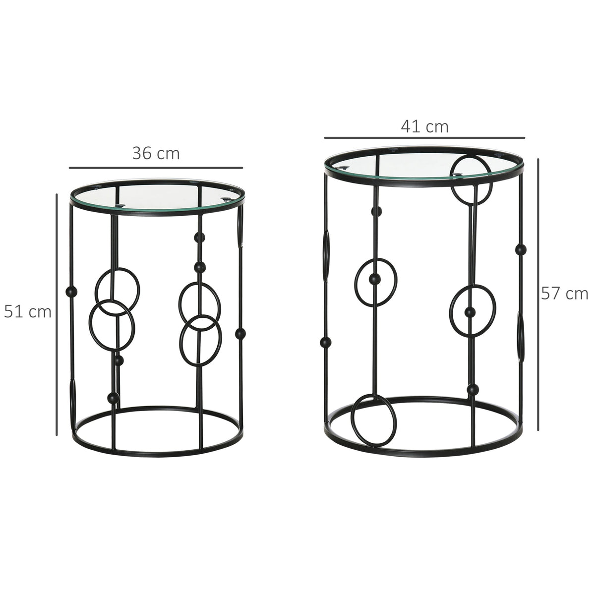 The round coffee tables shown with dimension lines indicating their height and width