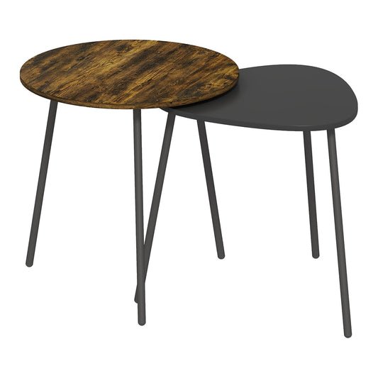 HOMCOM Nesting Side Table Set of 2 with one rustic brown round top and one grey triangular top