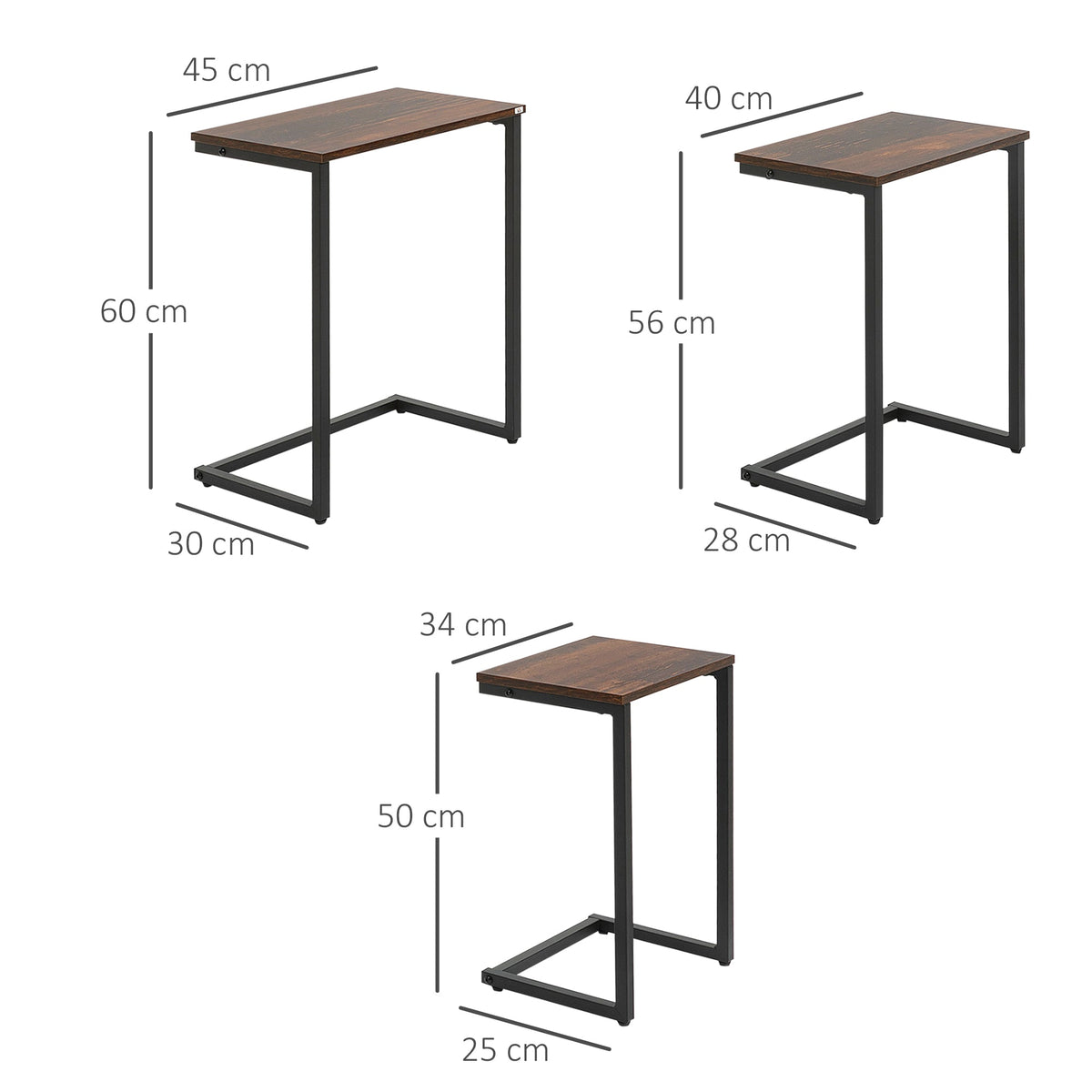 The side tables shown individually with lines indicating their height, width and depth