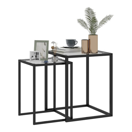 HOMCOM Nesting Tables Set of 2, black side tables with tempered glass tops and steel frames