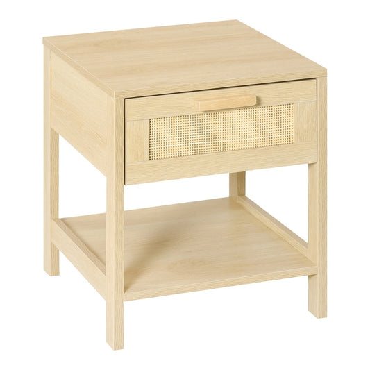 HOMCOM Nightstand with Rattan Drawer and Storage Shelf, a light wood bedside table with a cane front drawer and open shelf