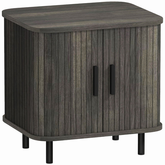 HOMCOM Nightstand with Sliding Doors and Metal Legs Grey on a plain white background