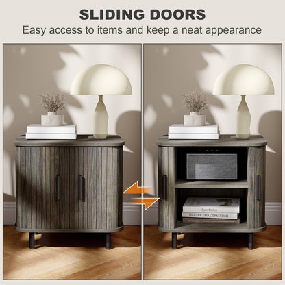 The storage cabinet showing the sliding doors in closed and open positions