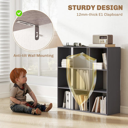 Close-up of the grey nine-cube storage shelf showing anti-tilt wall mounting hardware