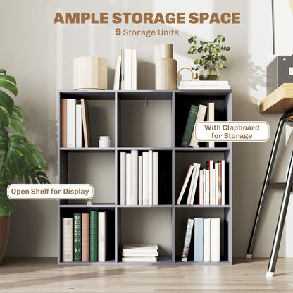 Grey nine-cube storage shelf unit with books and decorative items displayed