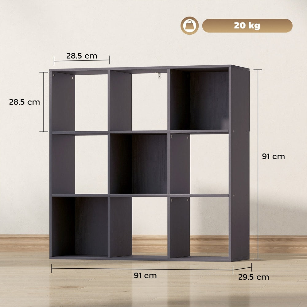 Dimensions of the grey nine-cube storage shelf, showing width, height and depth