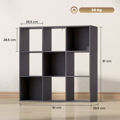 Dimensions of the grey nine-cube storage shelf, showing width, height and depth