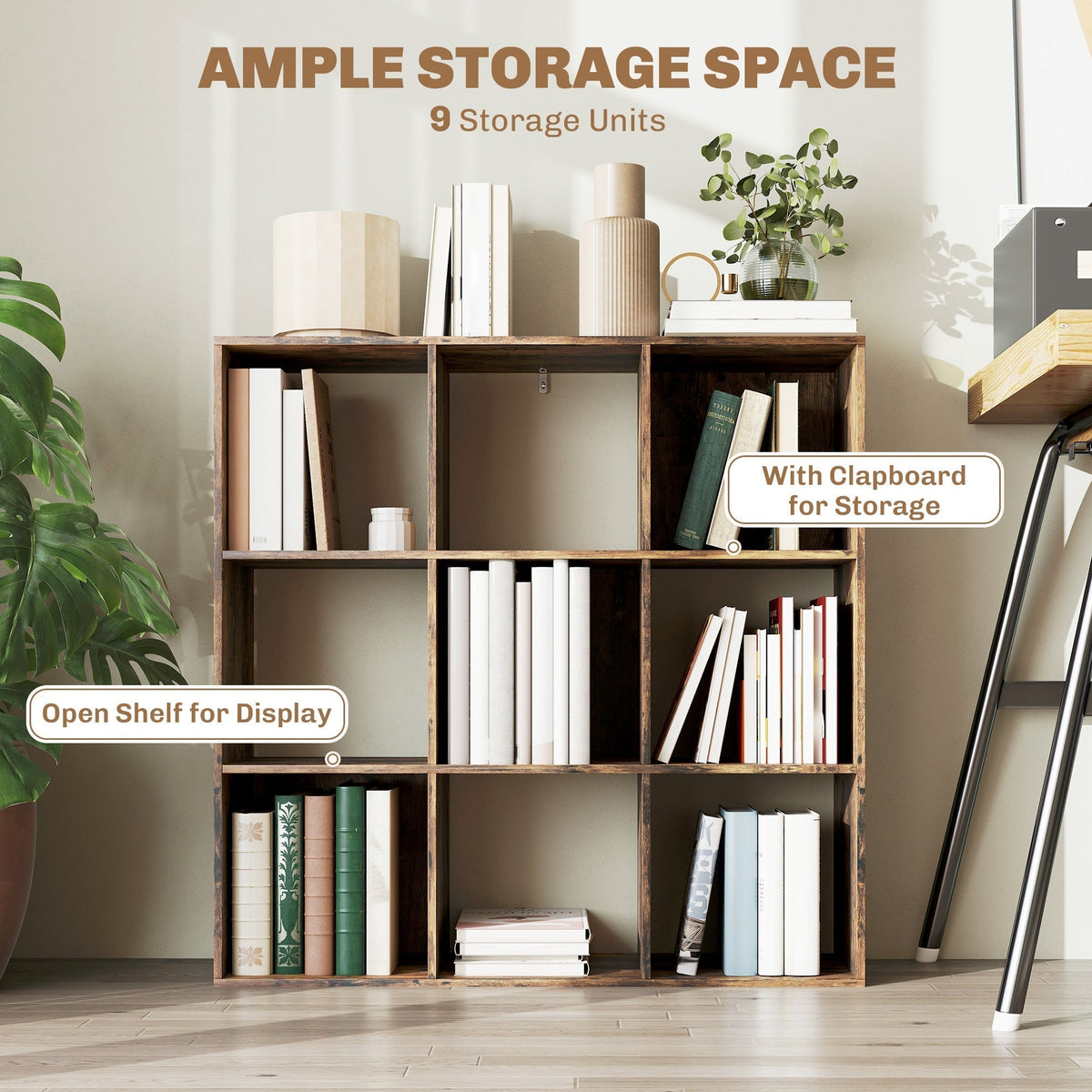 The shelving unit filled with books and decorative items showing storage space options