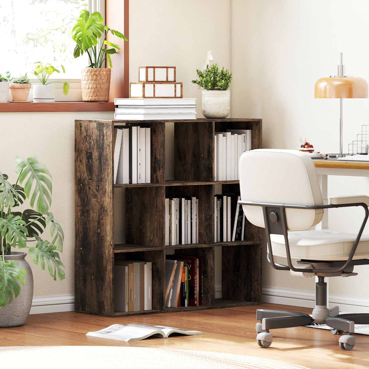 the rustic brown nine-cube storage shelf positioned on a wooden floor in a bright home office