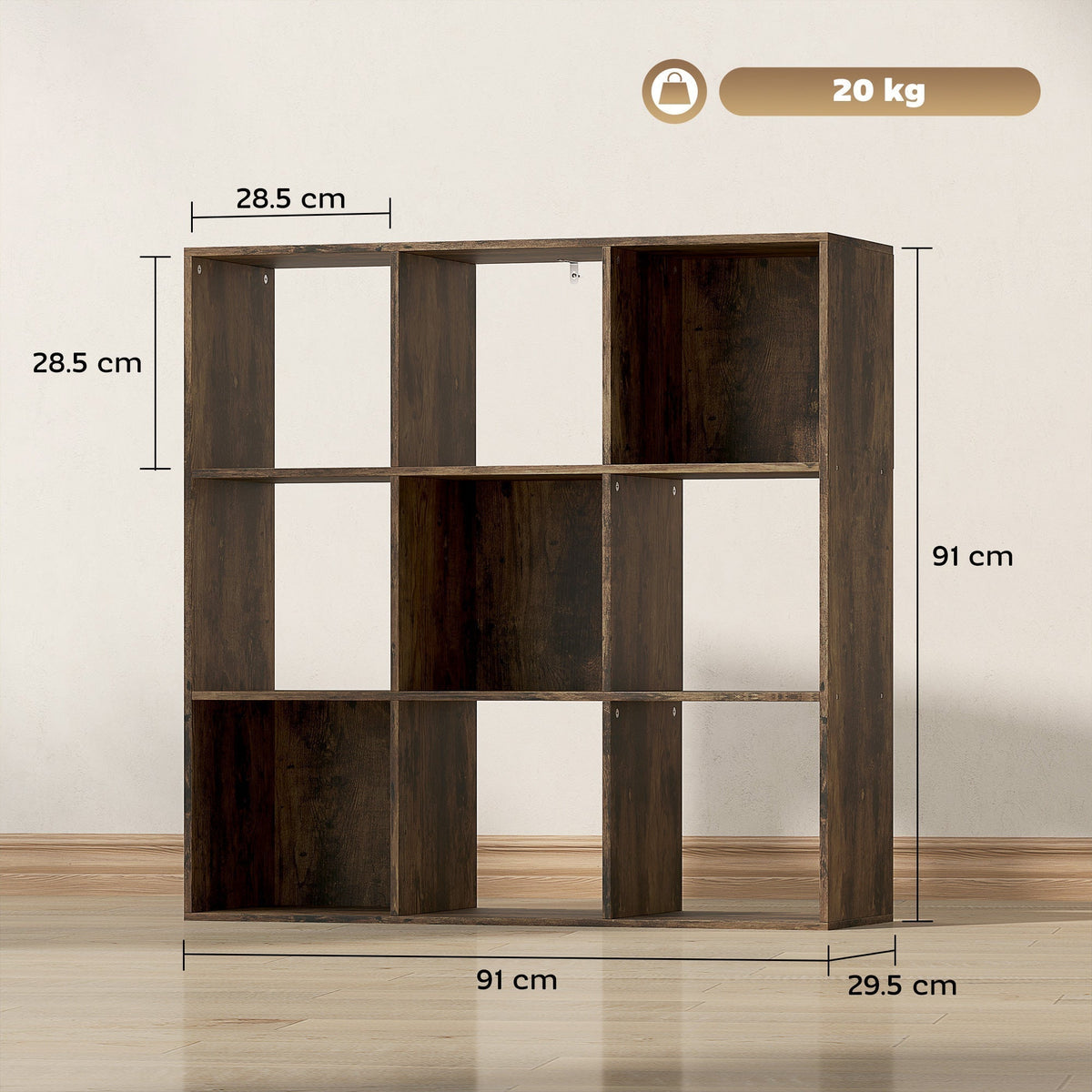 The storage unit showing height width and depth dimensions with a weight capacity icon