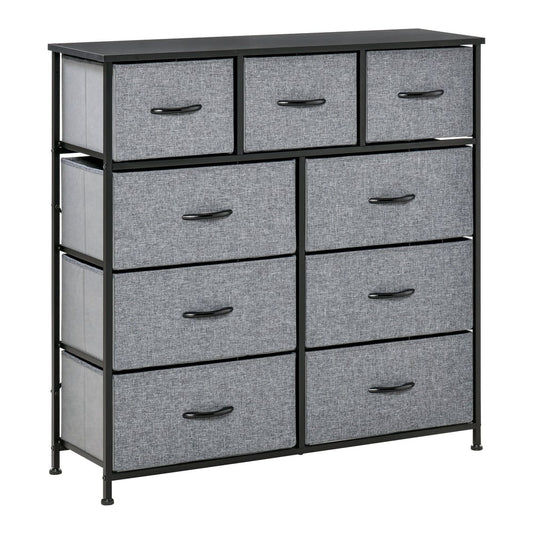HOMCOM Nine Drawer Fabric Dresser in grey with a black metal frame and nine fabric drawers