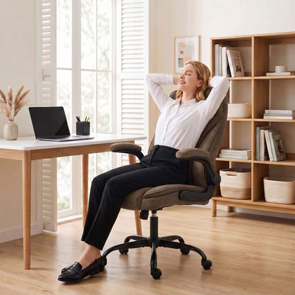 Woman relaxing in a brown fabric office chair in a bright room