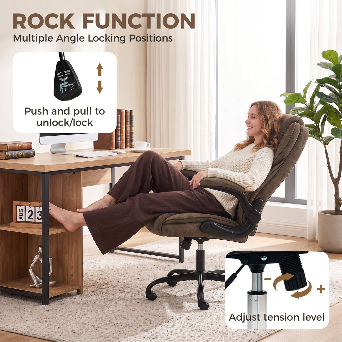 Desk chair with rock function and adjustable tension control