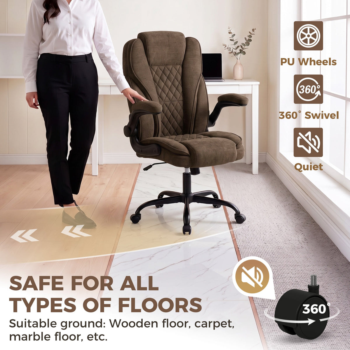 Office chair with PU wheels safe for all floor types