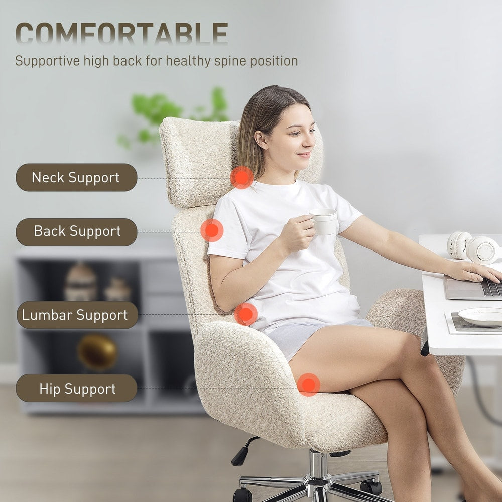 Woman sitting comfortably in the pale grey boucle fabric office chair, highlighting support