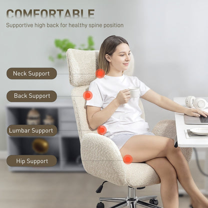 Woman sitting comfortably in the pale grey boucle fabric office chair, highlighting support
