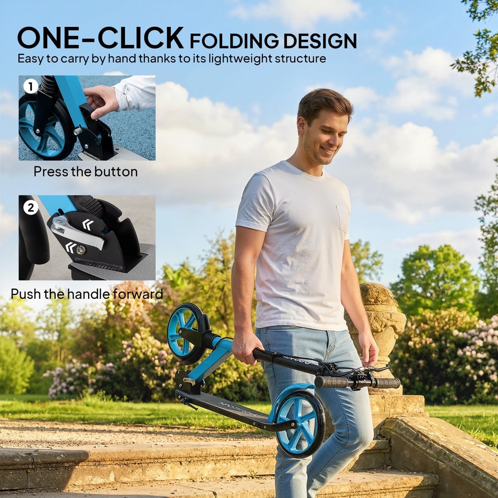 Man demonstrating the one-click folding mechanism on the blue kick scooter