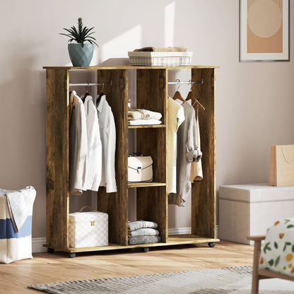 The rustic brown open wardrobe is shown in a bedroom setting with clothes and accessories on its shelves and hanging rails