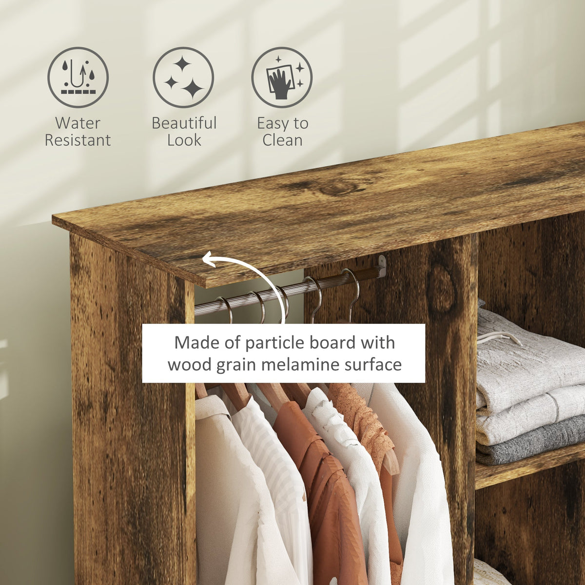 Close-up of the rustic brown open wardrobe showing its wood grain texture and particle board construction