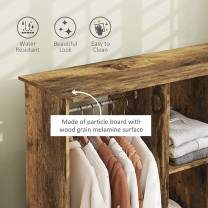 Close-up of the rustic brown open wardrobe showing its wood grain texture and particle board construction