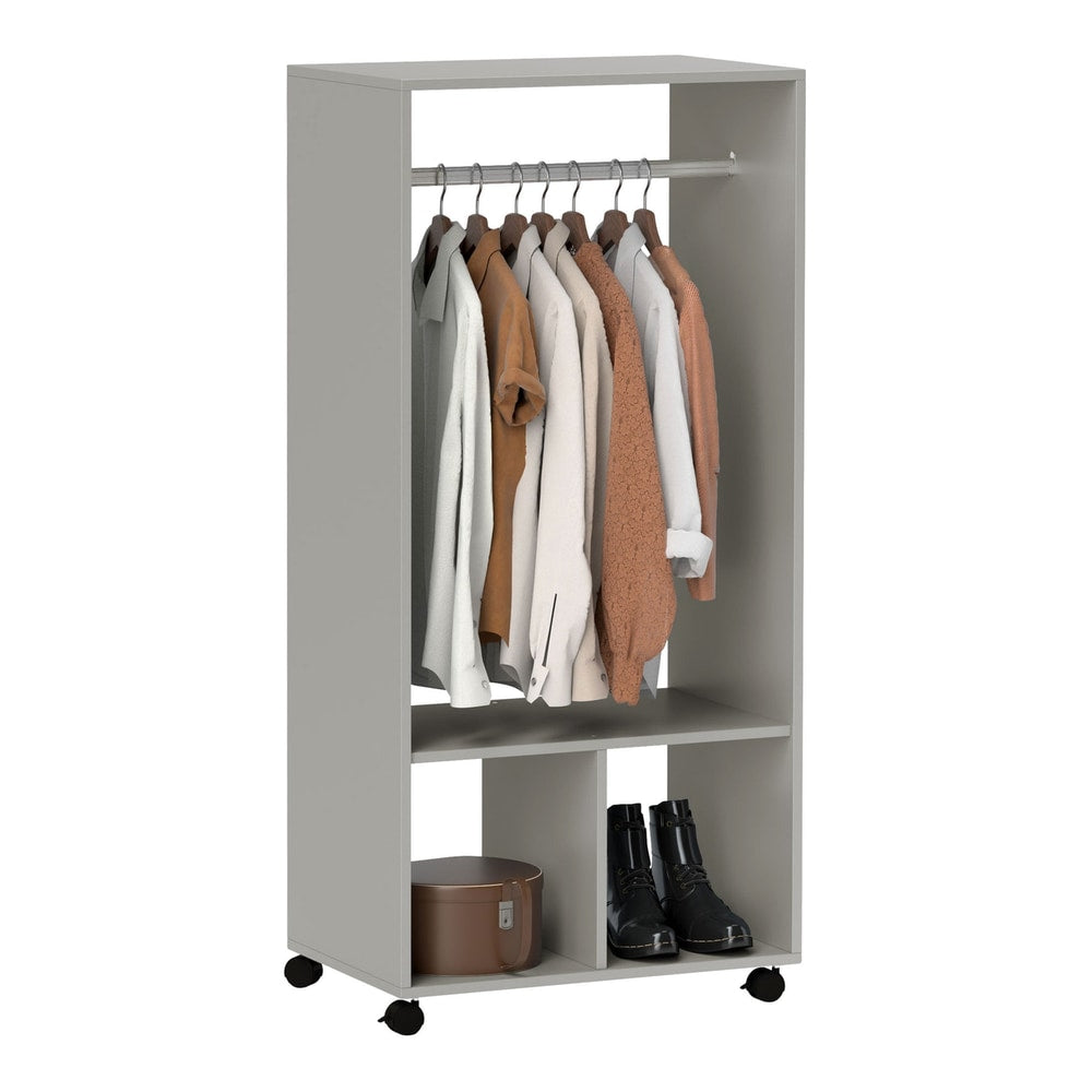 HOMCOM Open Wardrobe on Wheels with hanging rail and two shelves, shown in grey