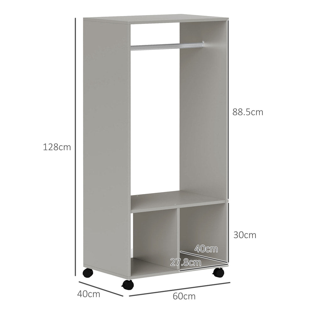 Size diagram of the grey open wardrobe on wheels, showing dimensions