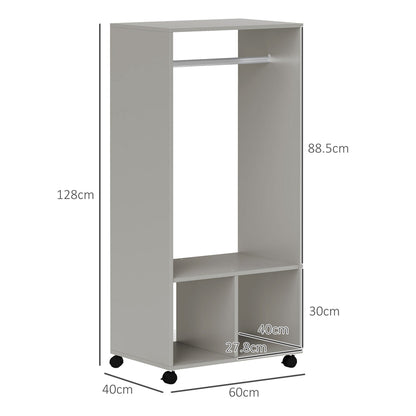 Size diagram of the grey open wardrobe on wheels, showing dimensions
